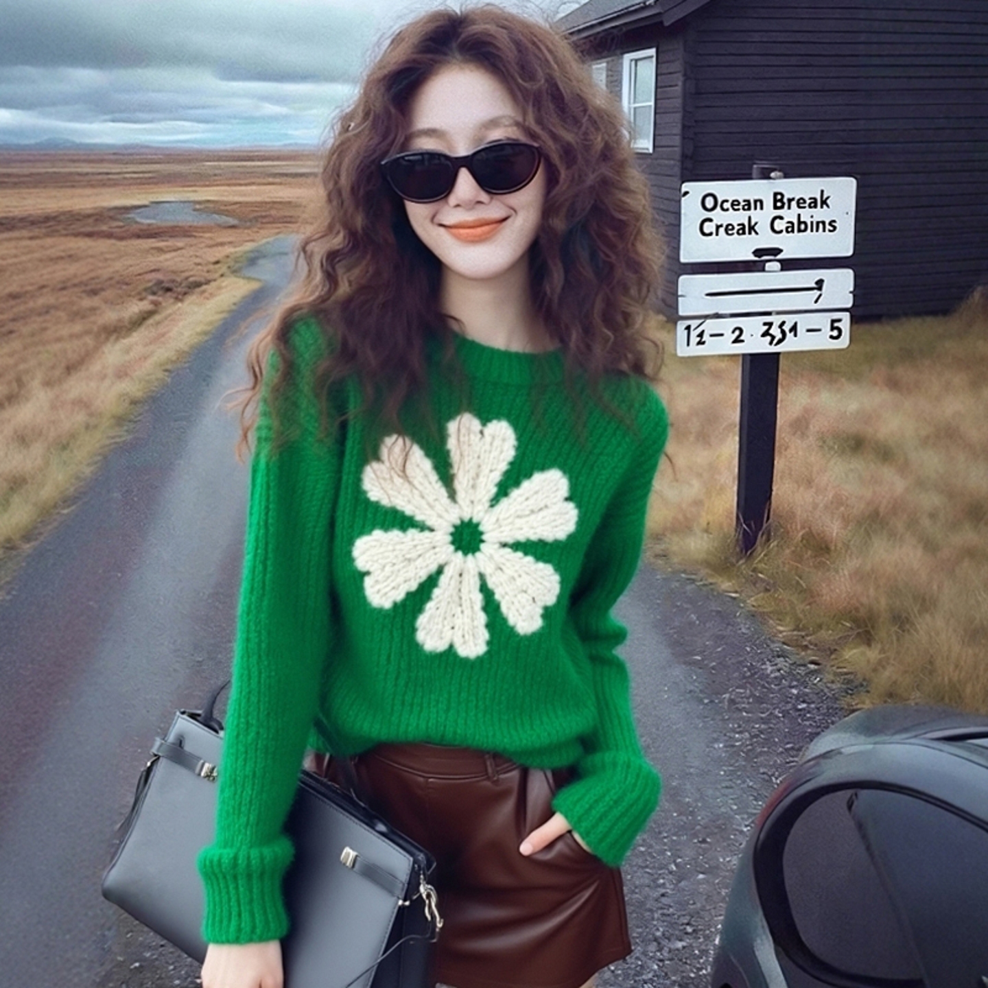 轻奢风洋气绿花朵粗线毛衣2025秋冬复古软糯宽松高级打底针织衫女