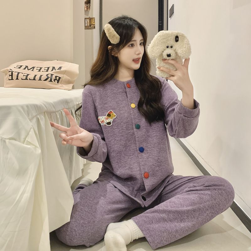 秋冬款紫色卡通腊肠狗睡衣长袖长裤开衫女羊绒外穿保暖家居服套装