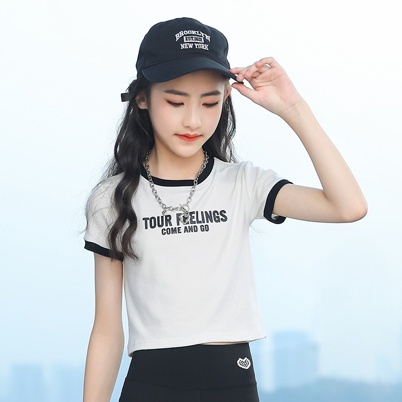 女童T恤短款高腰大童短袖街舞儿童夏季露脐上衣女孩修身夏装半袖