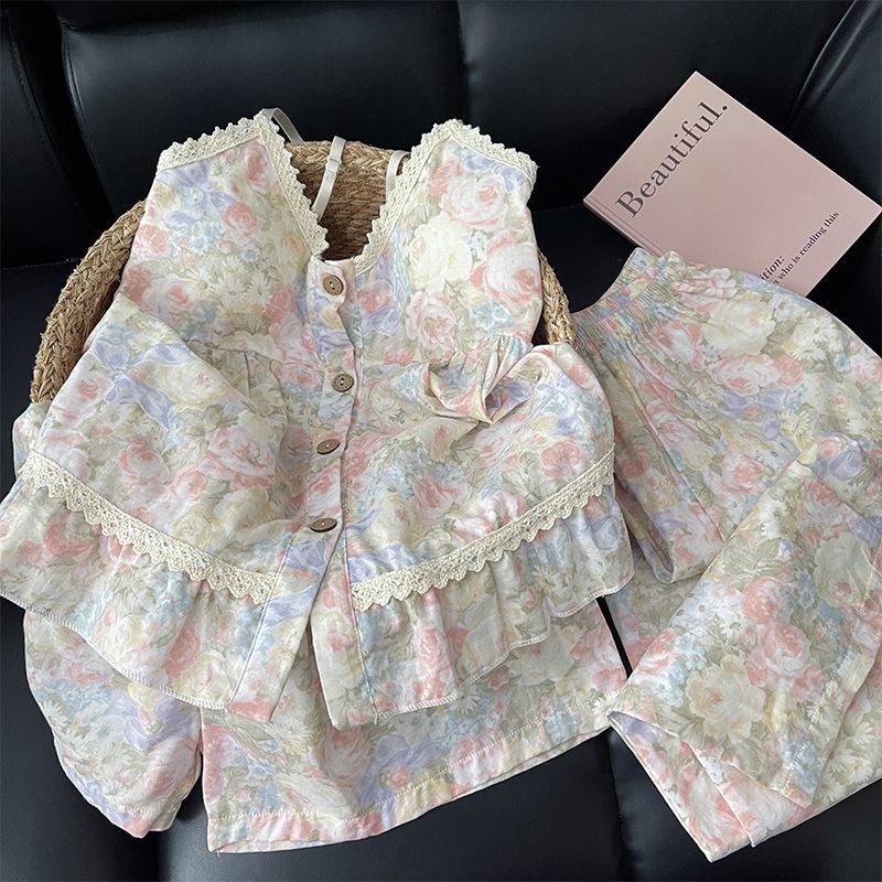 带胸垫睡衣女款吊带夏季甜美花朵三件套云朵棉吊带夏天家居服套装