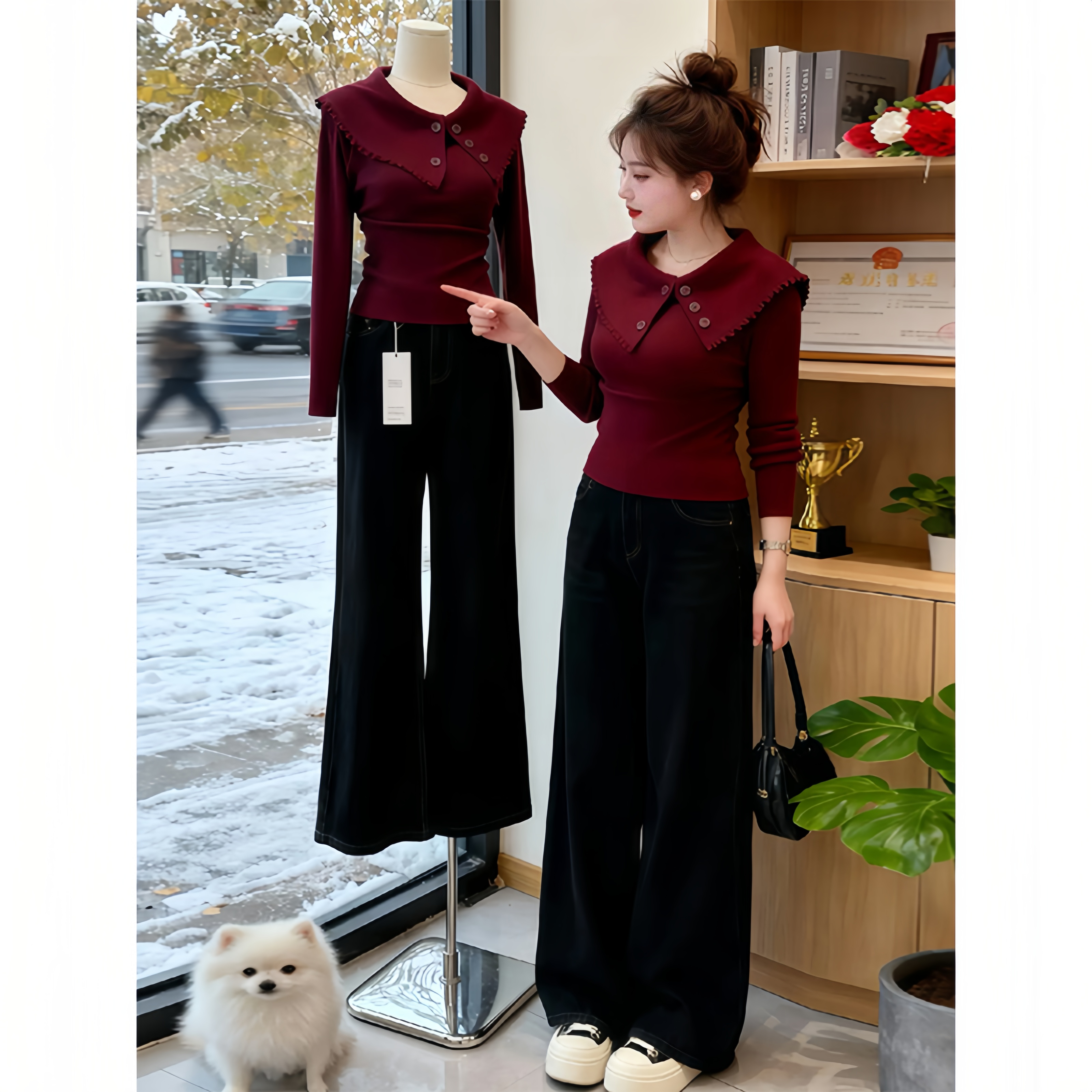 秋冬淡人高知穿搭韩系慵懒高级轻熟风紫色翻领针织衫内搭打底上衣