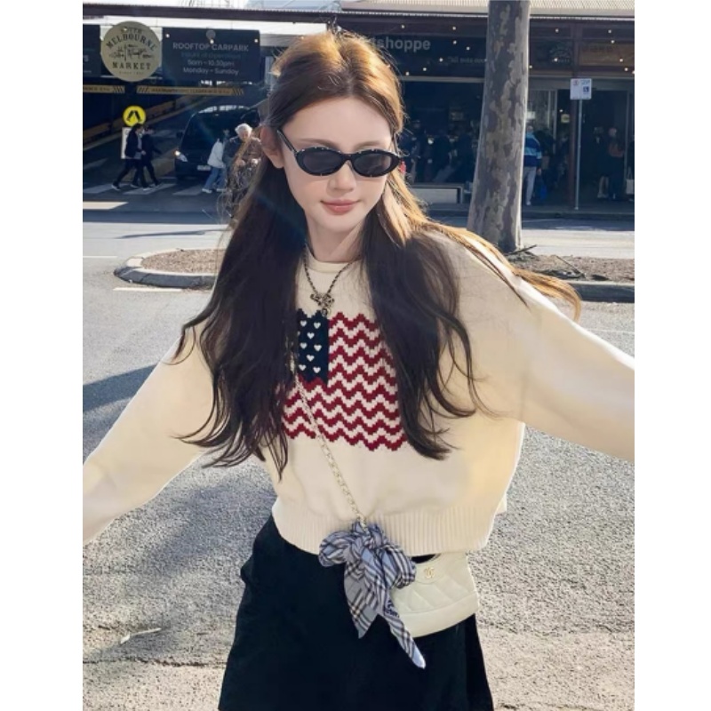 韩系复古撞色条纹针织衫女2025春秋季新款设计感小众宽松显瘦上衣