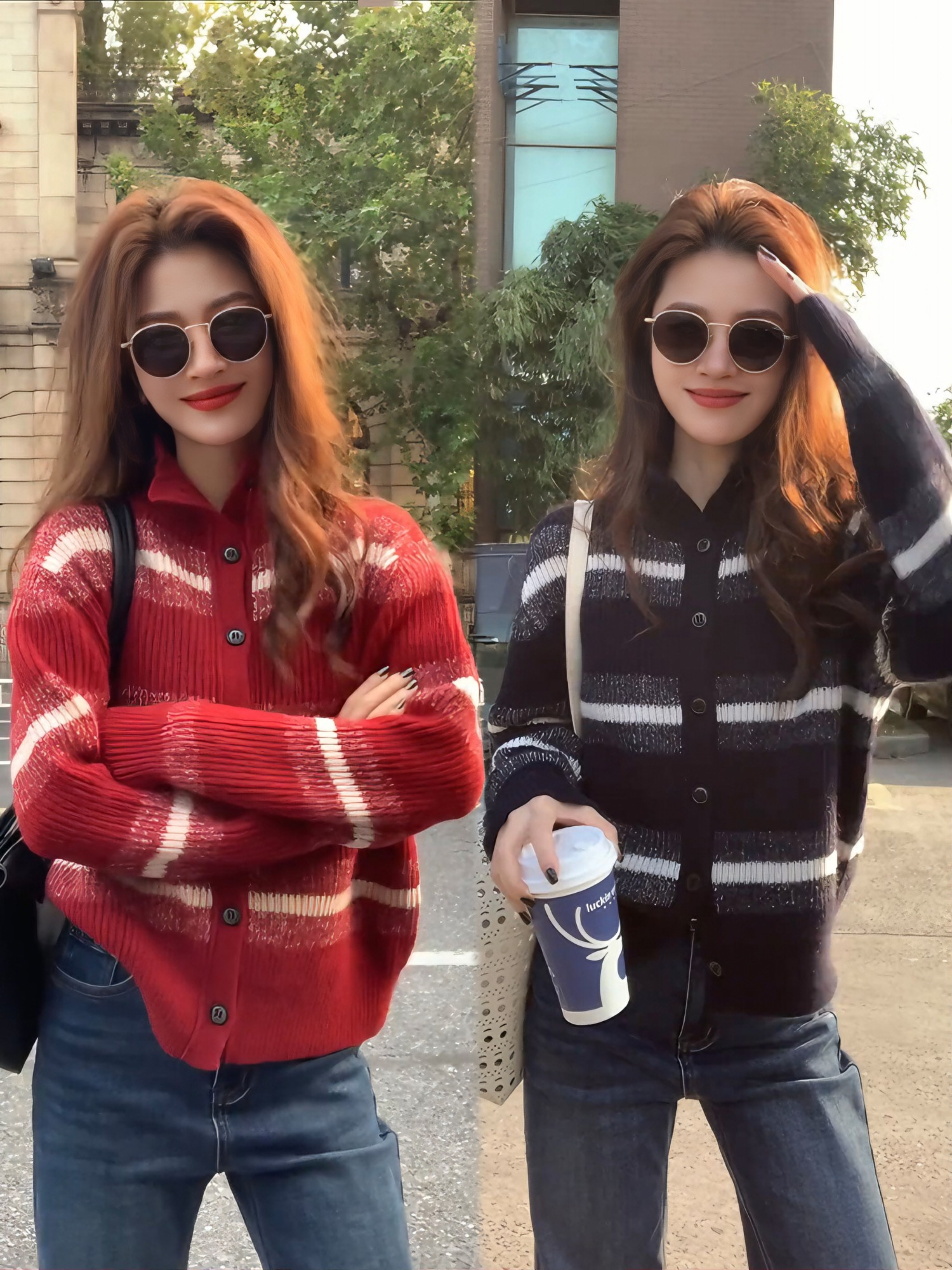 2025冬季新款韩系穿搭红色条纹毛衣外套女慵懒风宽松上衣针织开衫