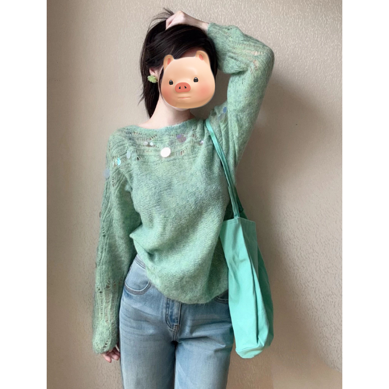 早秋韩系氛围感穿搭法式镂空亮片绿色马海毛毛衣女秋冬针织衫上衣