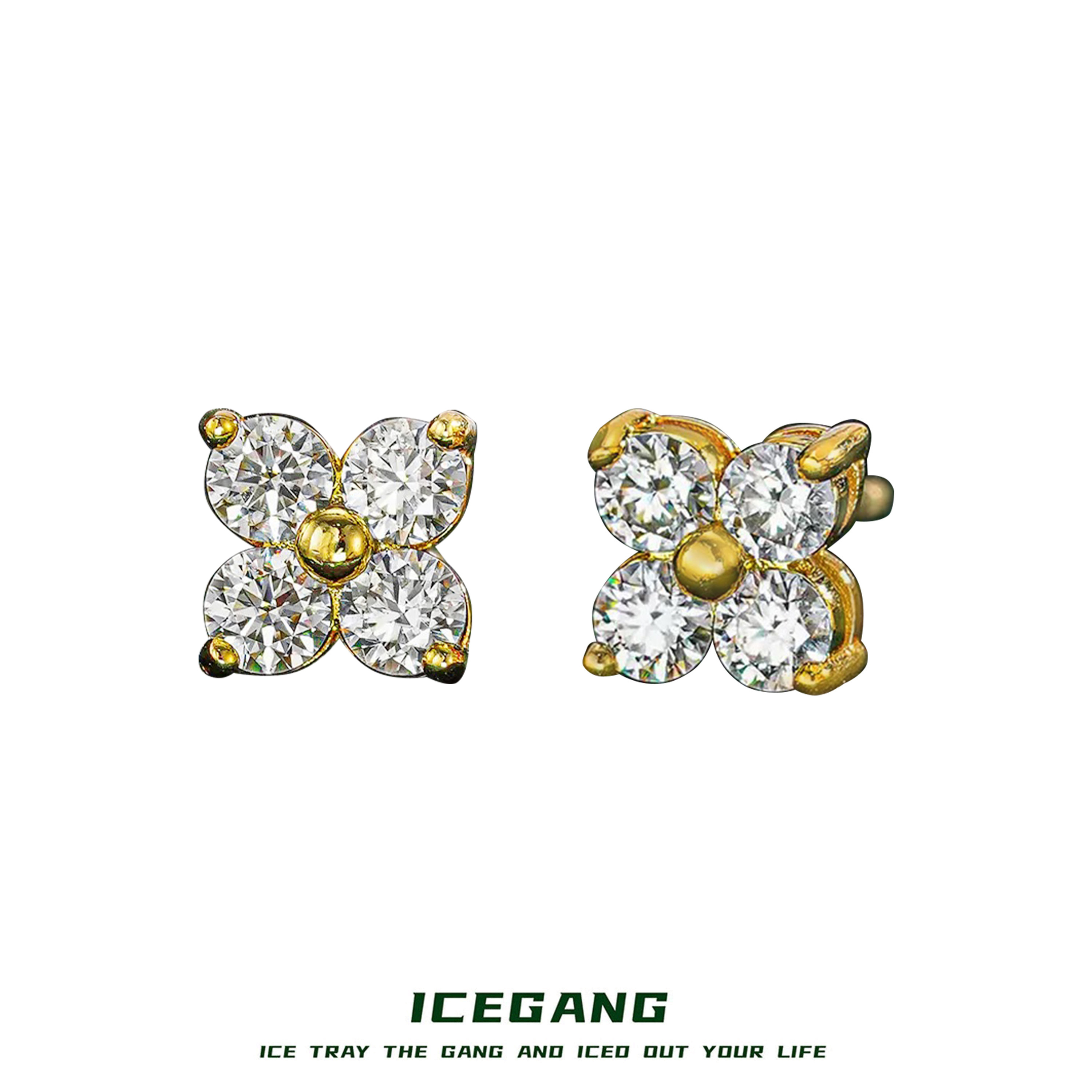 ICEGANG 925银莫桑石耳饰 金色四叶草耳钉S925通体纯银莫桑石老钱