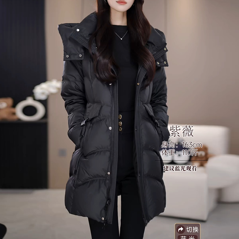 法式设计感纯色2025冬季新款显瘦百搭时尚中长款白鸭绒羽绒服外套