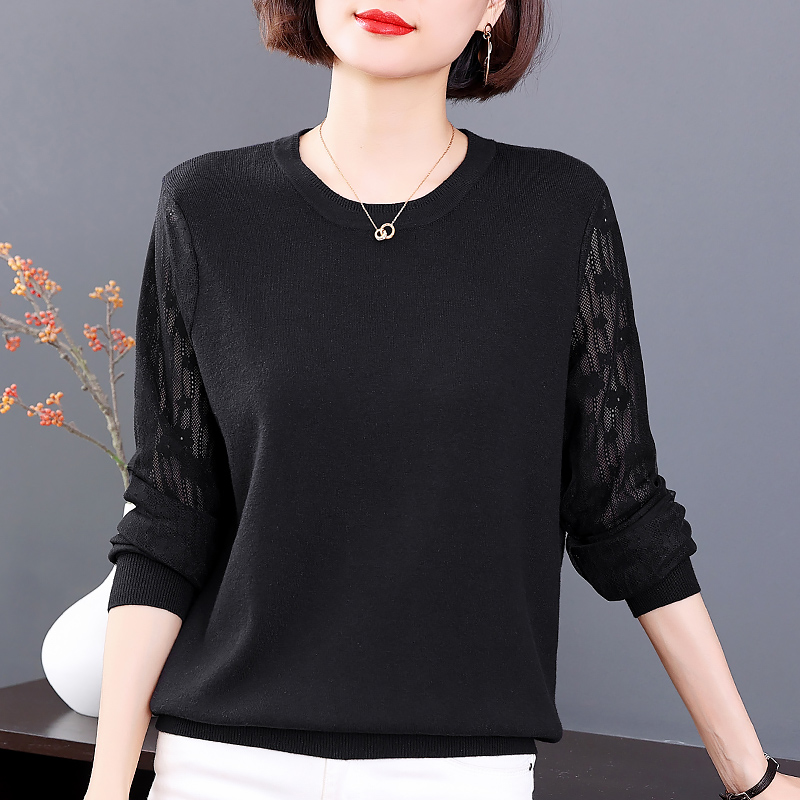 长袖黑色针织衫女2025年新款春秋妈妈毛衣大码蕾丝打底衫内搭上衣