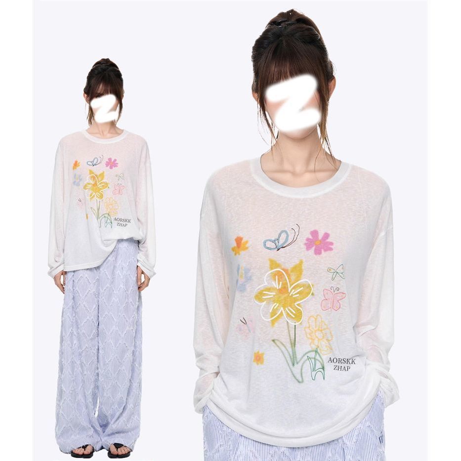 【ZHAP】雪花棉空调防晒罩衫长袖t恤上衣女白色薄款罩衫韩系上衣宽