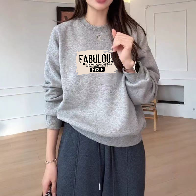 秋冬新款圆领长袖加绒设计感卫衣时尚洋气大码宽松小个子套头外套