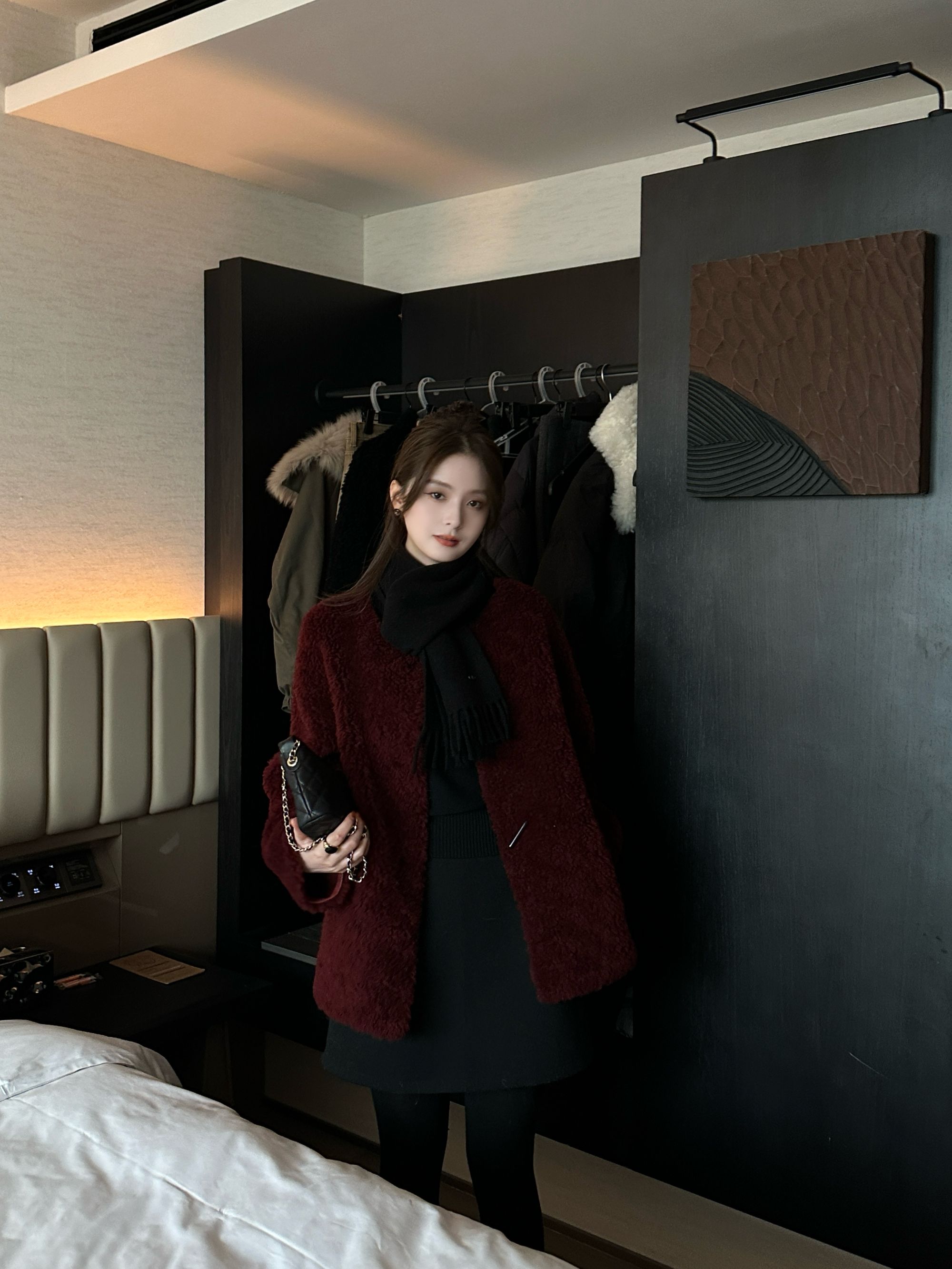 R123633W【100羊毛】冬季保暖红色氛围小个子加厚圆领女中长款外套