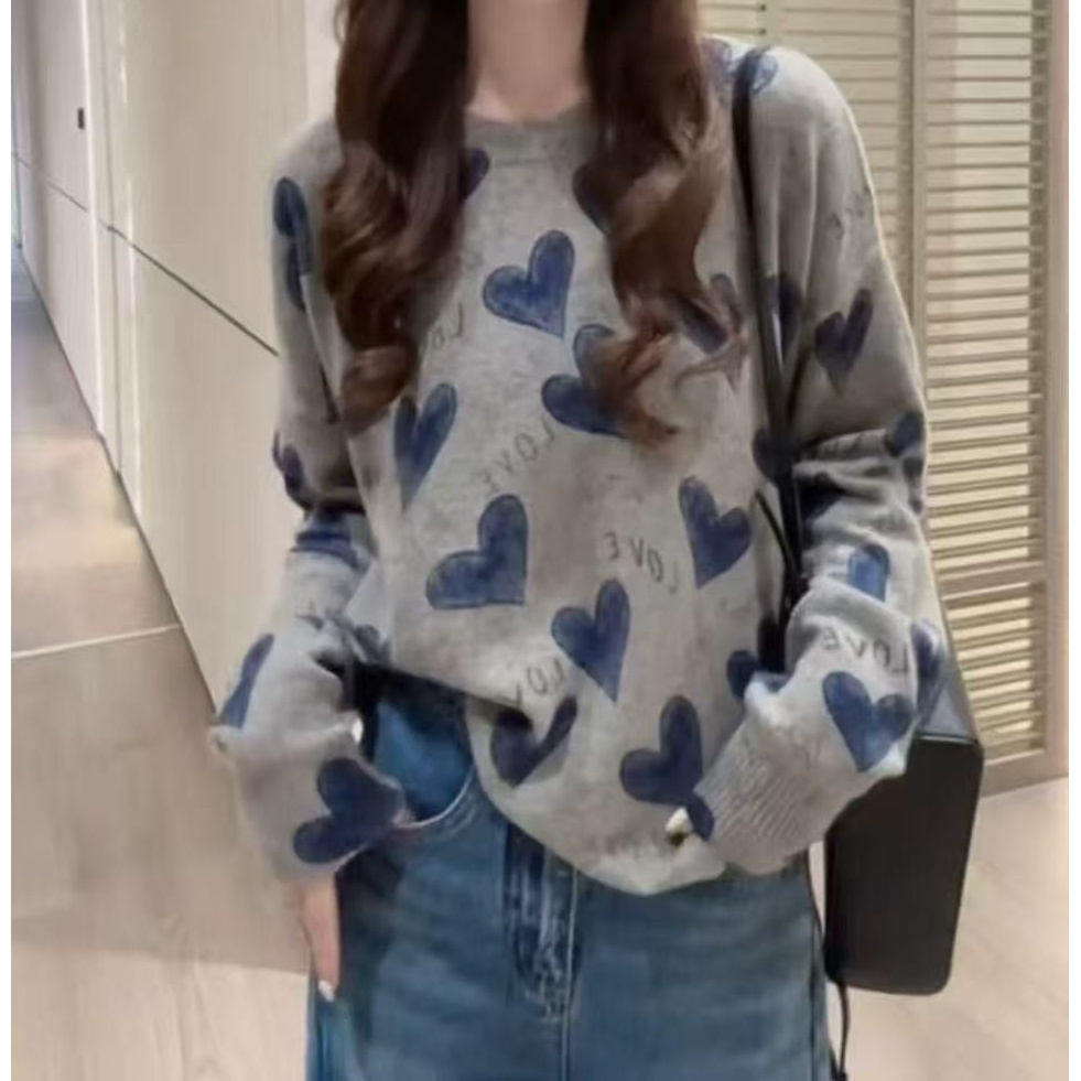 /C09099/慵懒风气质宽松氛围感针织衫设计感减龄套头爱心字母毛衣