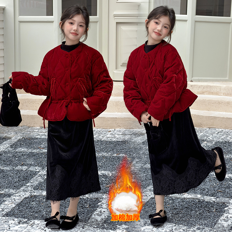 女童红色拜年加棉保暖棉服2025新款冬季女大童时尚百搭棉袄洋气潮
