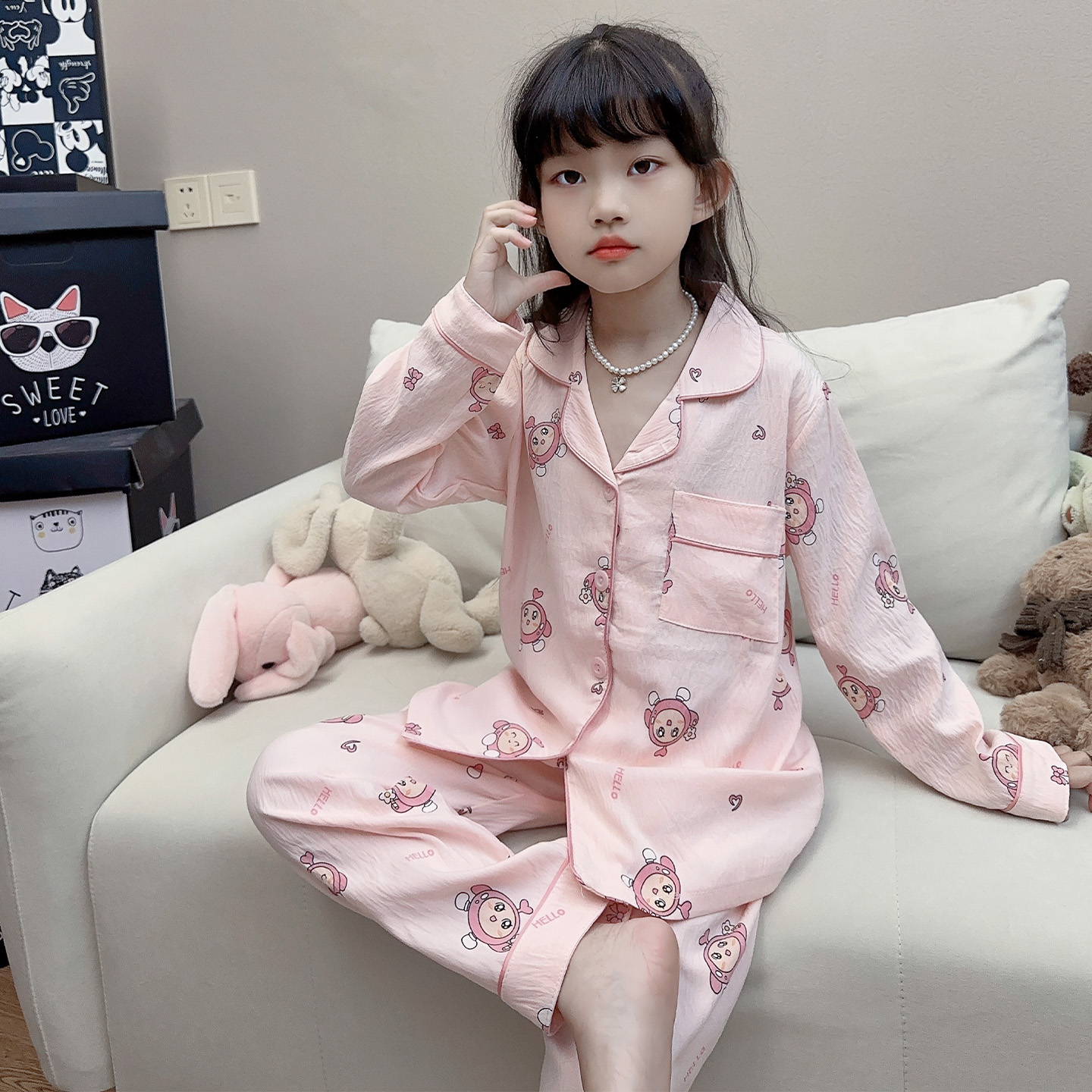 卡通可爱女童睡衣云朵棉春秋季长袖开衫中大童小女孩家居服两件套