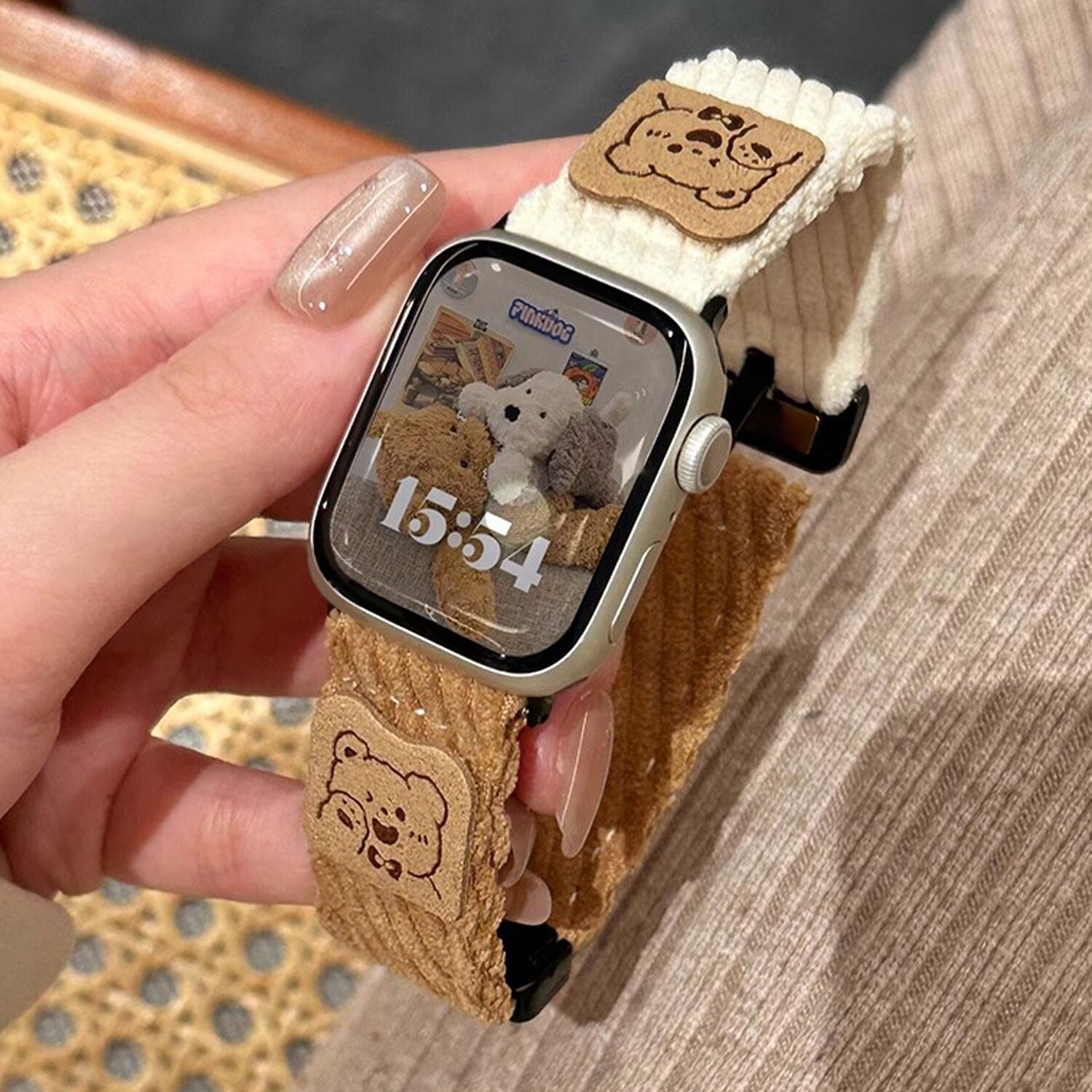 小熊灯芯绒iwatch表带磁吸可爱适用苹果手表S10手表带987秋冬65se