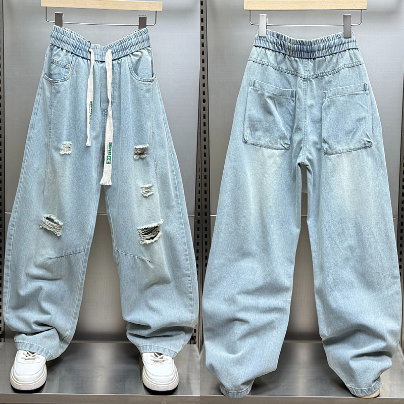 2025夏季薄款抽绳蓝色破洞水洗牛仔裤男潮牌痞帅阔腿宽松直筒长裤