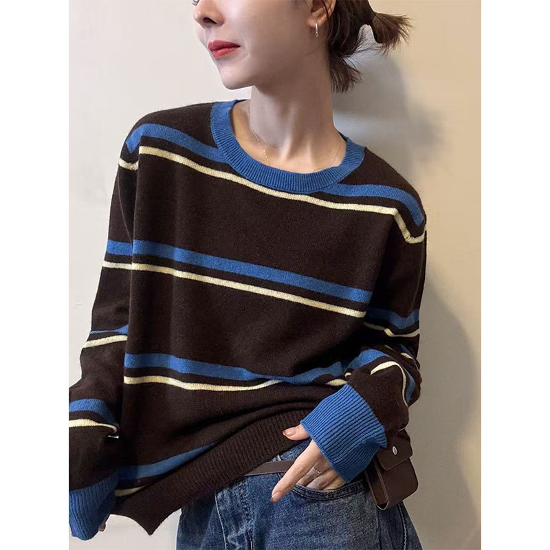 慵懒风条纹长袖针织衫女秋冬新款胖MM宽松显瘦撞色设计感软糯毛衣