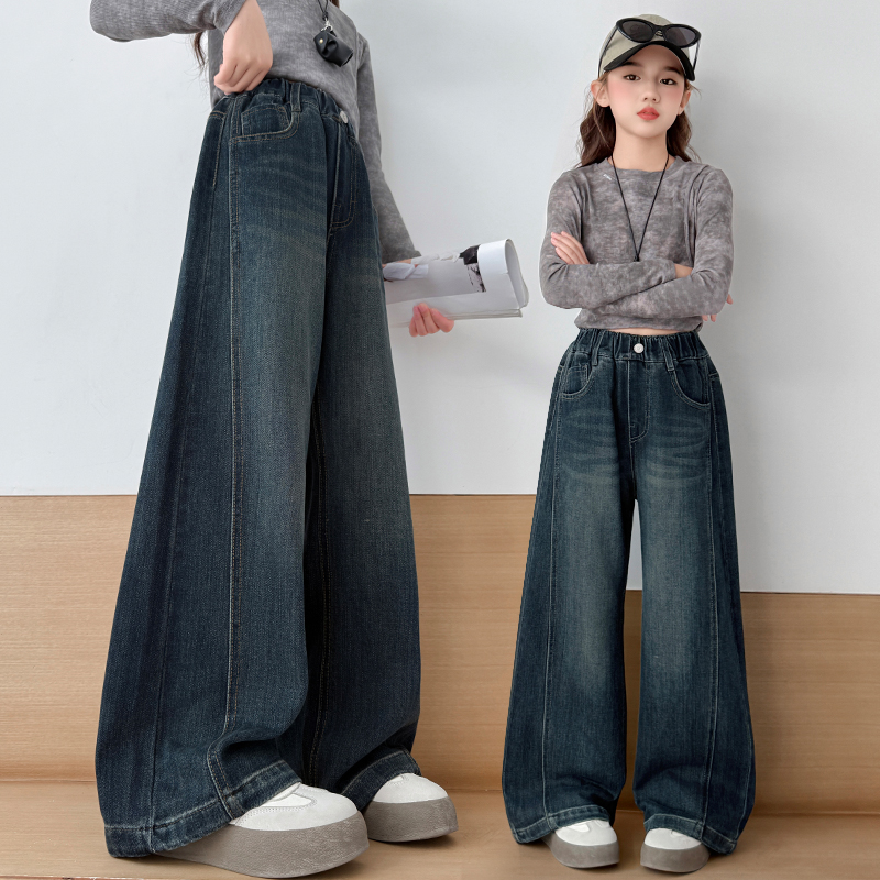 女童牛仔裤春秋宽松直筒网红炸街阔腿裤秋天时髦洋气秋款儿童裤子