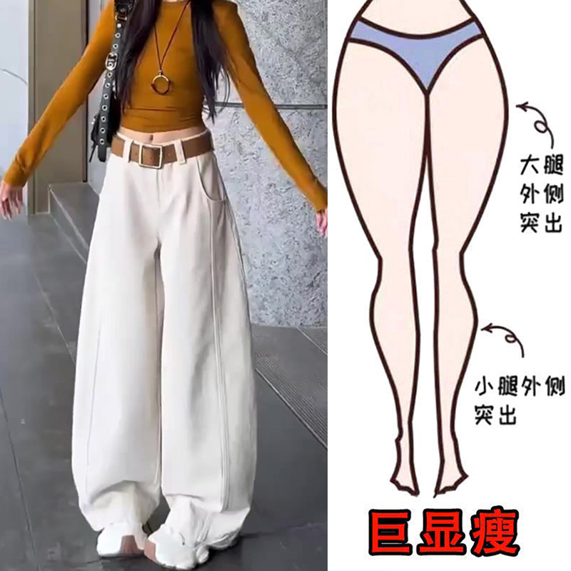 冬季新款复古美式加绒宽松阔腿牛仔裤梨形身材显瘦高腰弯刀拖地裤