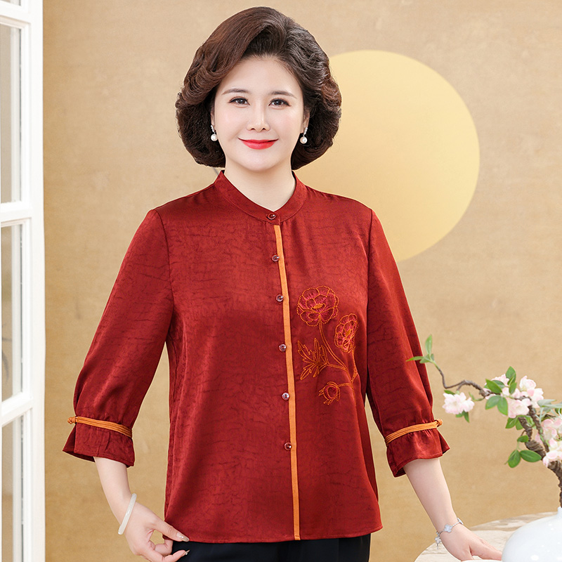 妈妈红色喜庆中老年女装中年时尚常规款七分袖中老年宽松衬衫夏装
