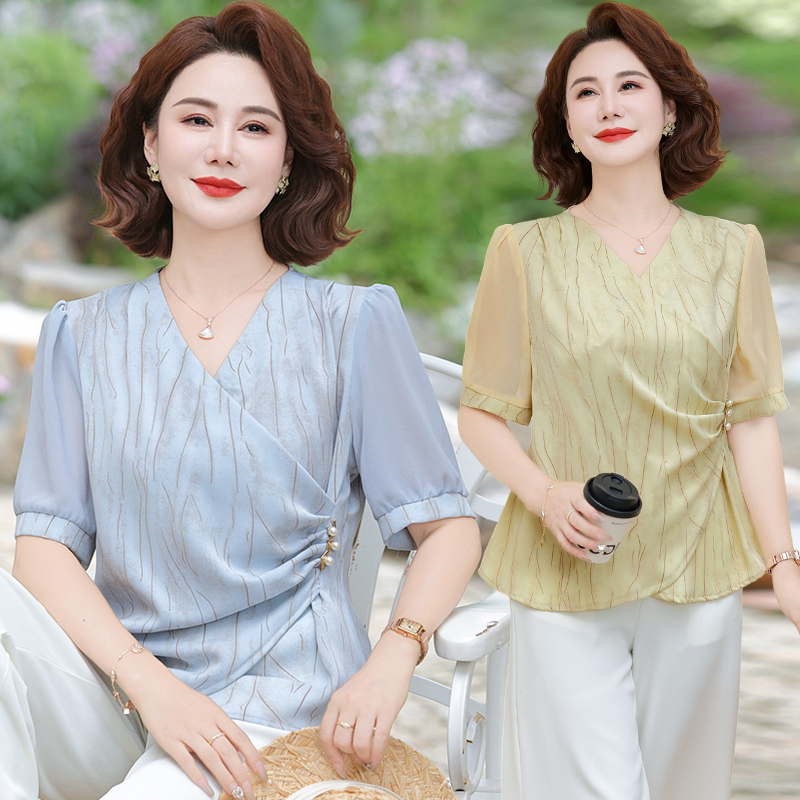 母亲节时尚妈妈装小衫套装2025夏季收腰衬衣镂空拼接妈妈装夏装
