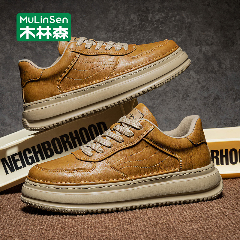 木林森板鞋男2025新款秋冬复古百搭运动休闲防滑耐磨厚底增高潮鞋