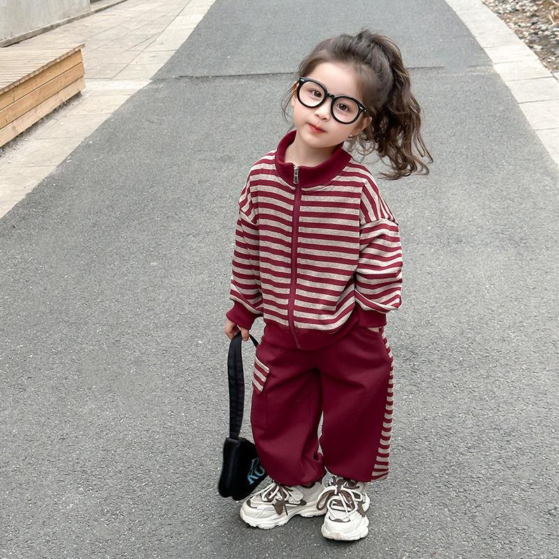 2025女童条纹新款休闲套装宝宝洋气时髦儿童外套春秋小童两件套