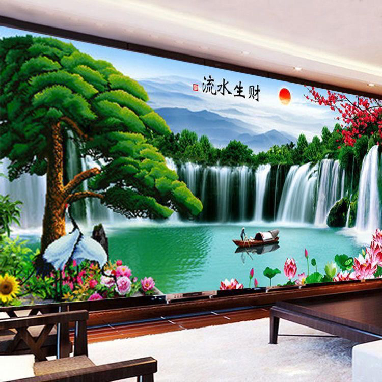 新款流水生财自粘画迎客松客厅山水画风景床头装饰画挂画壁画