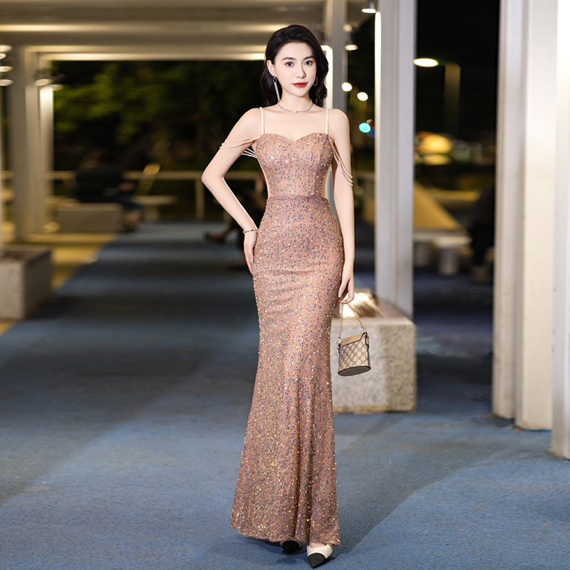 吊带无袖亮片礼服优雅派对连衣裙名媛显瘦气质长款高贵宴会鱼尾