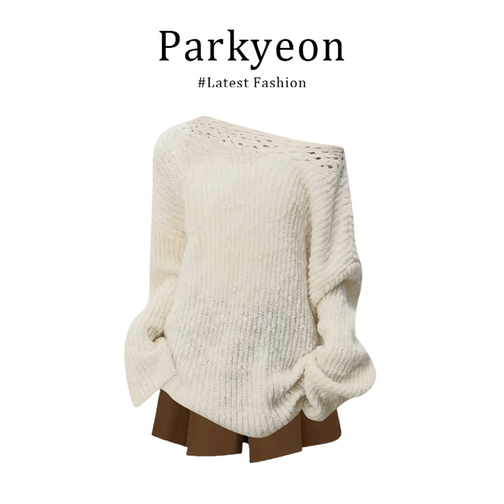 parkyeon韩系高级感不规则镂空斜肩针织衫毛衣百褶短裙秋季两件套