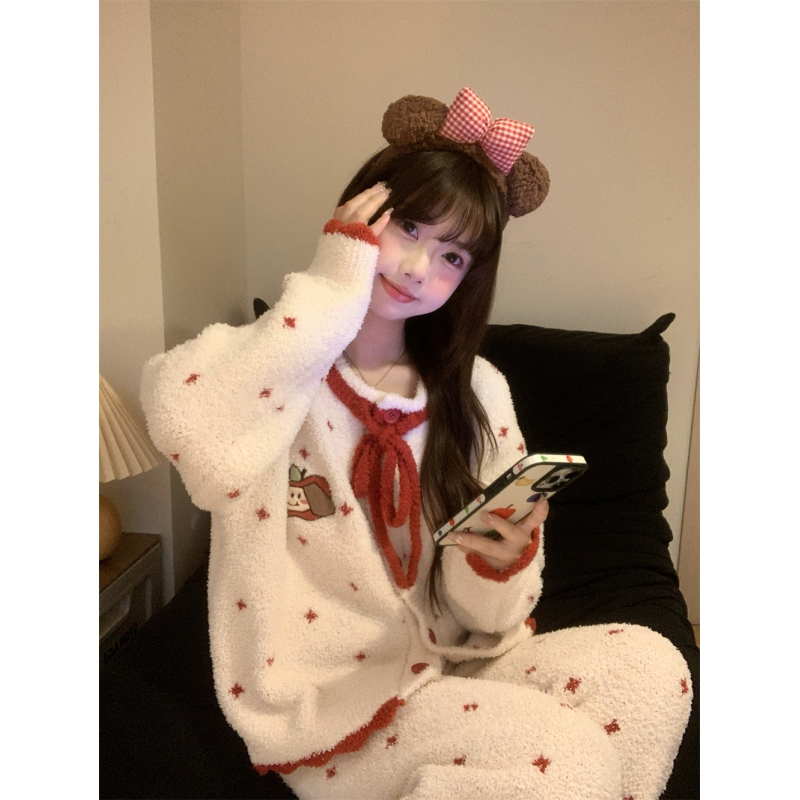可爱卡通印花针织半边绒秋冬季保暖睡衣女加厚冬天家居服套装