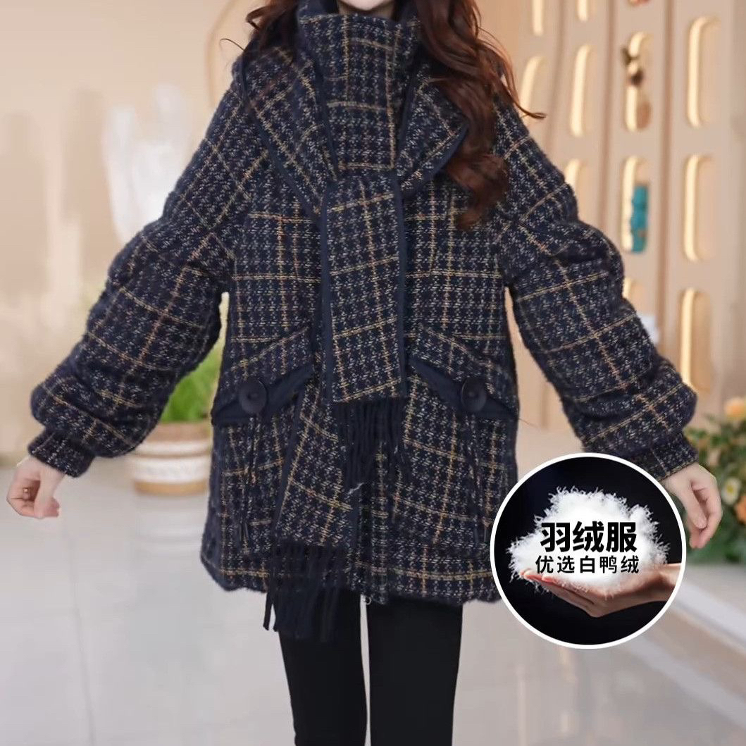 高级雪尼尔格子连帽鸭绒羽绒服2025冬季新款气质保暖洋气香风外套