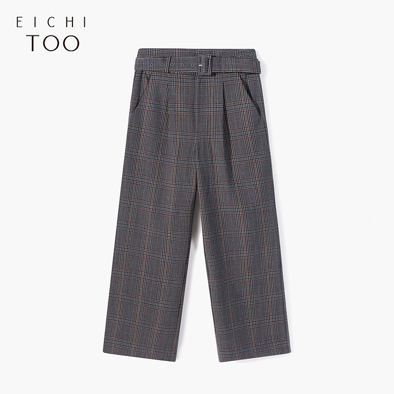 爱居兔本布腰带通勤格纹西装裤阔腿裤EKKTJ1MG03A