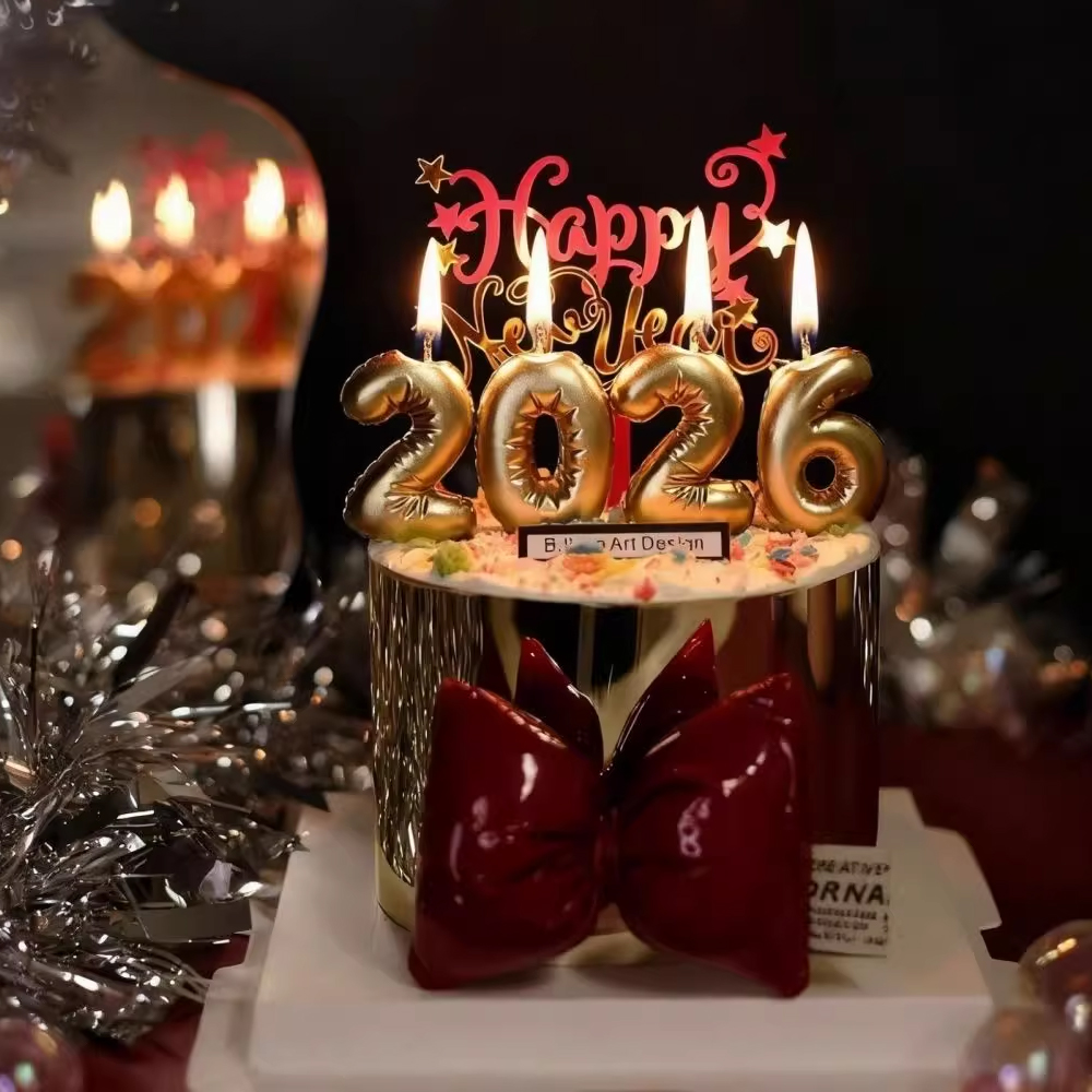朱小姐2026新年快乐跨年蛋糕装饰亚克力插牌金色围边红色蝴蝶结