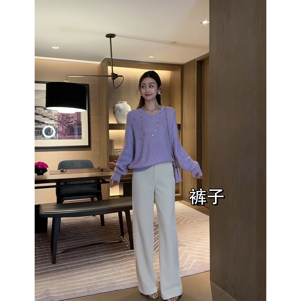 W·HAHA【胭脂海棠】肌理感高腰银丝雪尼尔直筒裤22956