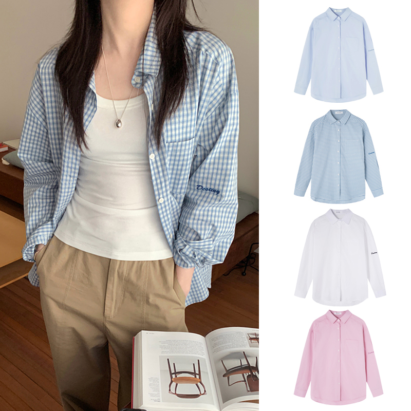 Miss sumeyY3683自制字母长袖格纹衬衫女夏季长袖薄款防晒衬衣