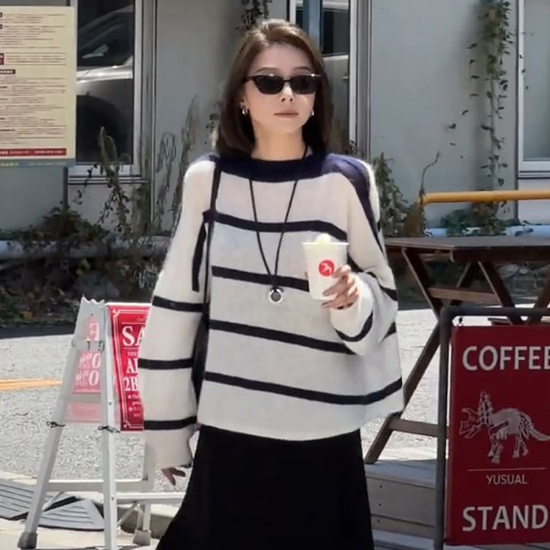 撞色条纹长袖针织衫女2025秋季新款宽松秋冬显瘦百搭短款防晒上衣