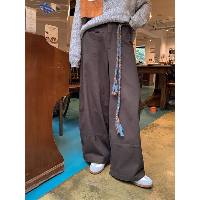 耶古老钱风一字袋直筒阔腿裤女秋冬季高腰宽松休闲裤设计感梧桐裤
