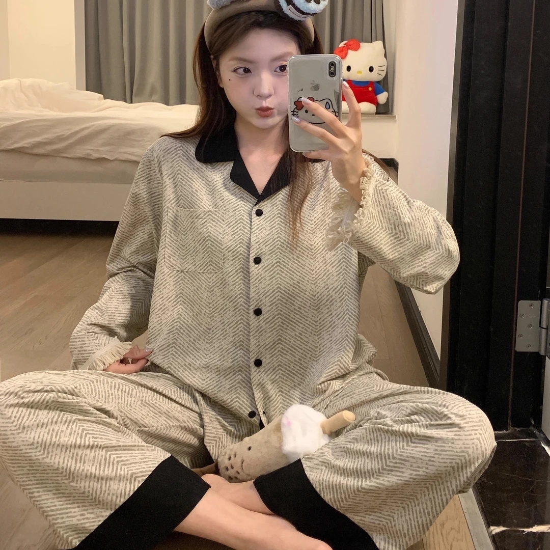 2025新款睡衣女士春秋季莫代尔棉带胸垫长袖睡衣套装家居服可外穿