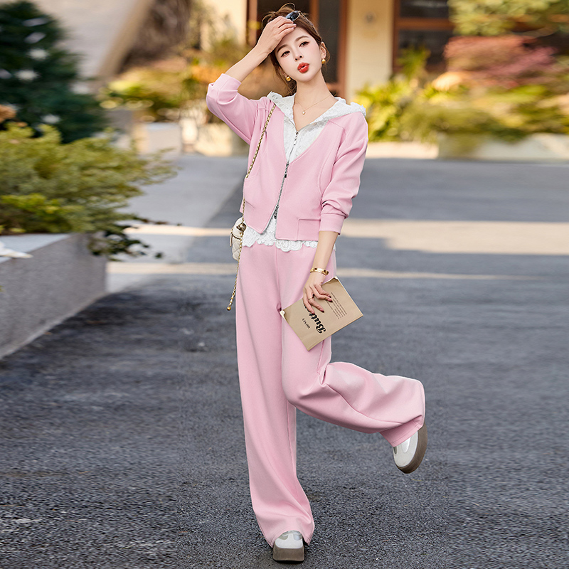 2025春季新款蕾丝拼接休闲运动套装女连帽卫衣开衫时尚洋气两件套