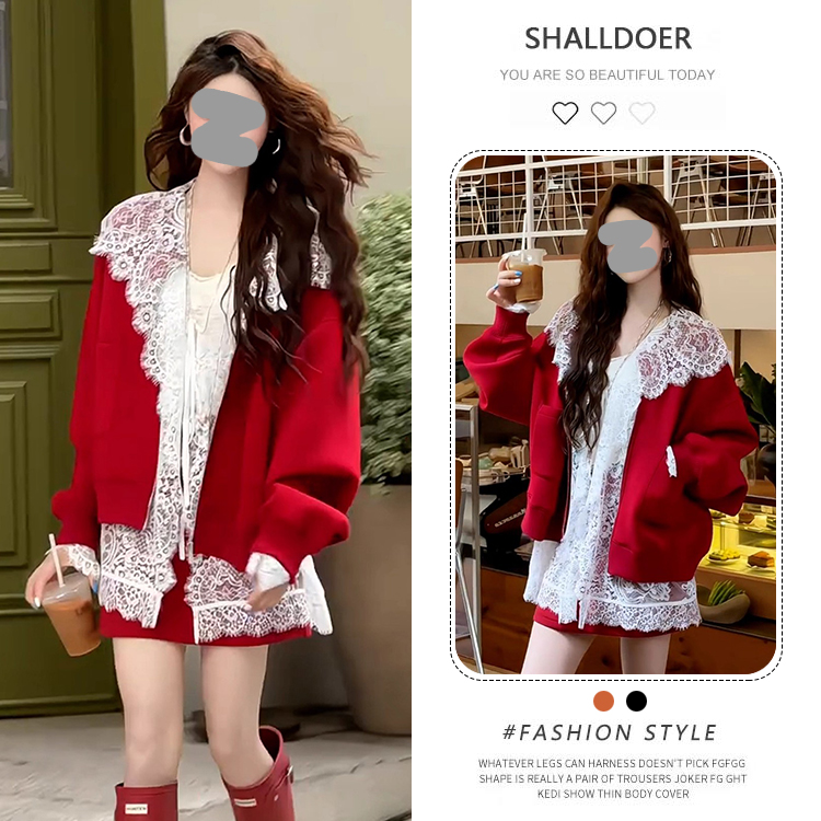 2025秋季韩系洋气套装女纯色圆领外套+蕾丝开衫+高腰半身裙三件套