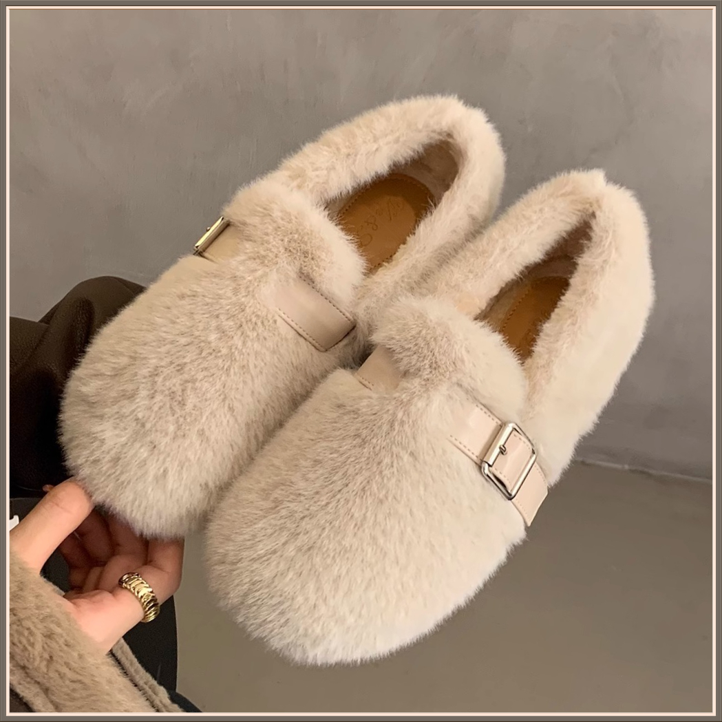 毛绒鞋单鞋平底鞋可爱白色毛毛鞋女鞋外穿冬季加绒百搭保暖棉鞋W