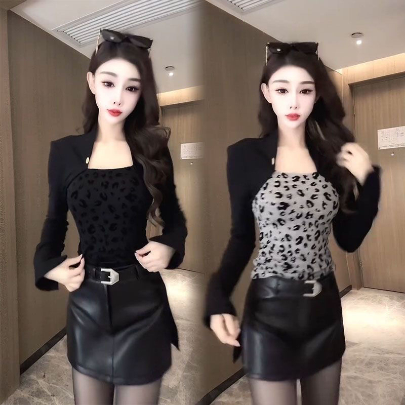 假两件豹纹长袖t恤女秋冬高级感方领上衣打底衫内搭可外穿
