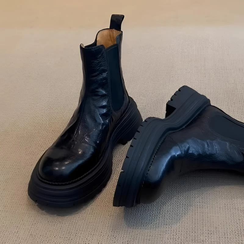 头层牛皮~秋烟筒弹力马丁短靴英伦风圆头粗跟小个子增高切尔西靴.