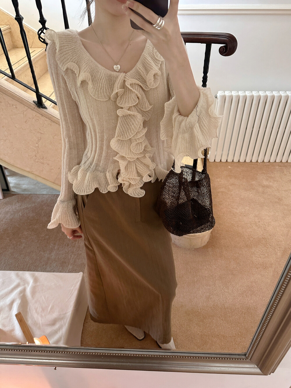 温柔风氛围感入秋穿搭套装荷叶边长袖针织衫女装秋季半身裙两件套
