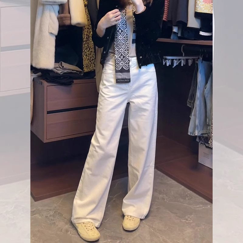 神裤！白色加绒牛仔阔腿裤女秋冬新款高腰时尚潮流百搭宽松直筒裤