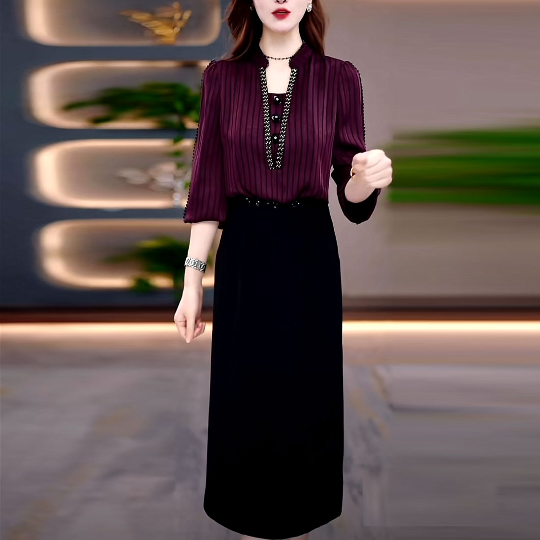 冰丽丝时尚气质优雅假两件连衣裙2025秋季新款修身洋气显瘦A字裙