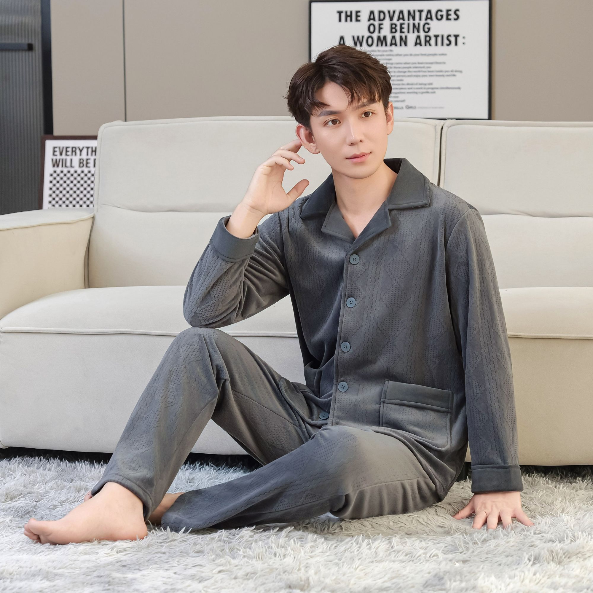 V/雅鹿海岛绒家居服抗静电睡衣加绒加厚保暖可外穿中老年男士套装