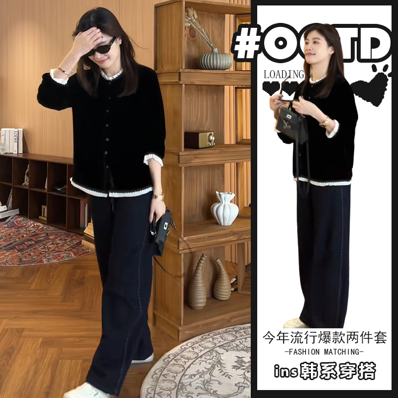 2025秋冬新款设计感拼色长袖上衣高腰遮胯运动裤遮肉简约休闲套装