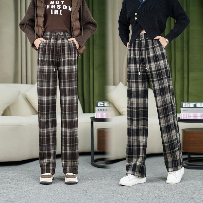 啄木鸟复古格子高腰阔腿裤女2025秋冬加绒加厚百搭显瘦窄版直筒裤
