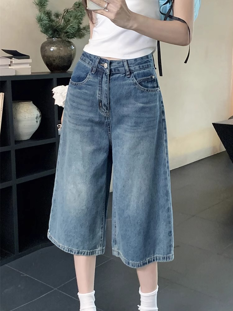 美式复古韩系七分牛仔裤女2025夏季小个子直筒高腰宽松显瘦阔腿裤